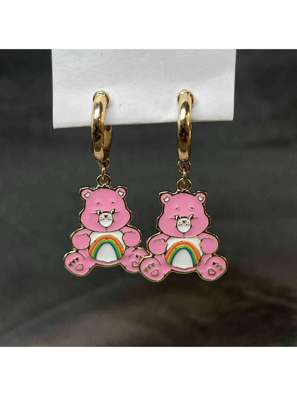 Pastel Pink Cheer Bear Enamel Hoop Earrings Gold Tone Post Rainbow Belly